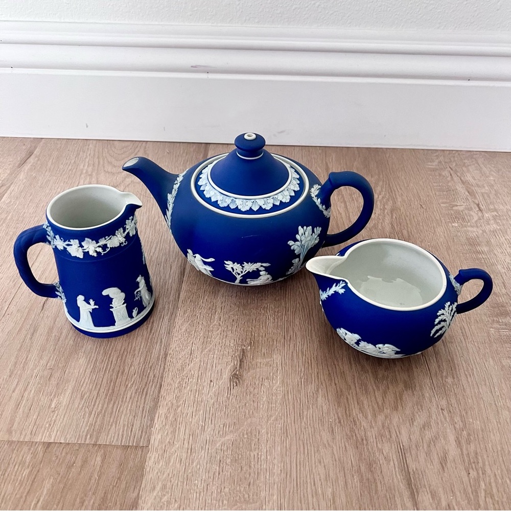 Wedgwood Cobalt Blue Jasperware Tea Set - Teapot‎ Pitcher Creamer Vintage